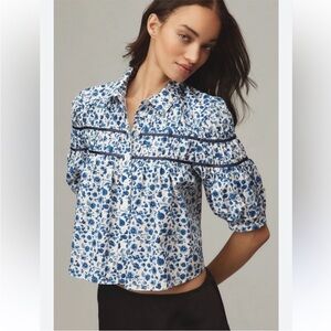 Anthropologie Maeve The Leandra Shirred Yoke Blouse blue ditsy floral large